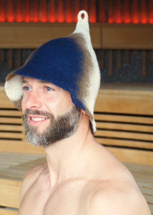 saunaVisions, Saunahut Magic, gefilzt aus 100% Merinowolle, handgefertigt in Südtirol, blau, brun, weiß