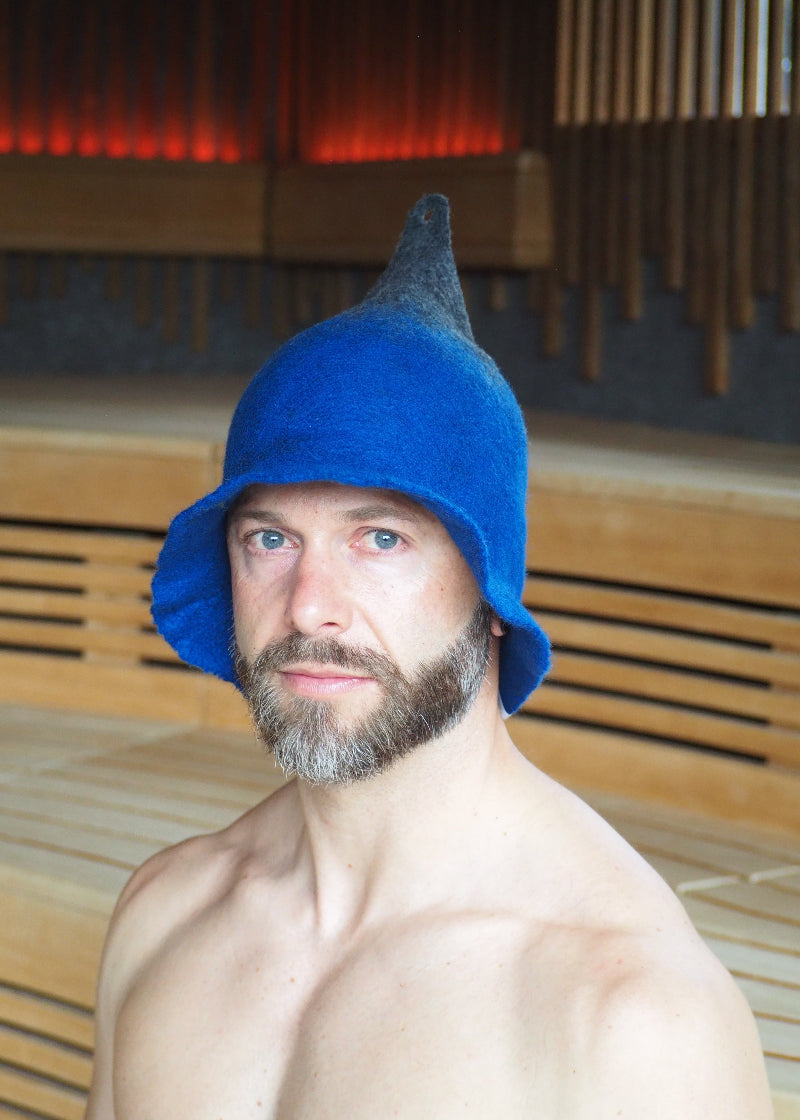 saunaVisions, Saunahut Magic, gefilzt aus 100% Merinowolle, handgefertigt in Südtirol, blau, grau